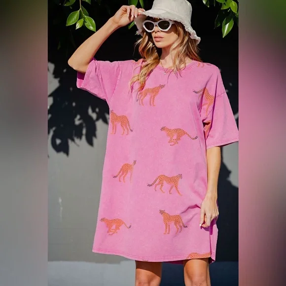 easel Hot Pink Cheetah-Print Oversized Tee Dress reposh - Picture 1 of 5